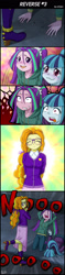 Size: 800x3400 | Tagged: safe, artist:uotapo, adagio dazzle, aria blaze, sonata dusk, comic:reverse, equestria girls, rainbow rocks, :o, adoragio, alternate hairstyle, arm behind back, big no, blushing, clothes, comic, crying, cute, eyes closed, faceplant, female, frown, glasses, gritted teeth, high heels, hoodie, jeans, kneeling, lip bite, nerddagio, no eyes, open mouth, pants, reformed, shoes, smiling, sweat, the dazzlings, wavy mouth