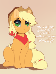 Size: 2280x3000 | Tagged: safe, artist:evehly, applejack, earth pony, pony, :t, applejack's hat, blonde, blonde mane, blonde tail, bronybait, caption, chest fluff, comment bait, cowboy hat, cute, dialogue, ear fluff, female, freckles, gradient background, green eyes, hat, high res, howdies in the comments, howdy, jackabetes, leg fluff, looking at you, mare, neckerchief, sitting, solo, stetson, y'all