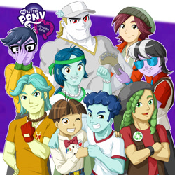 Size: 1000x1000 | Tagged: safe, artist:uotapo, brawly beats, bulk biceps, captain planet, curly winds, microchips, normal norman, ringo, sandalwood, some blue guy, wiz kid, equestria girls, rainbow rocks, background human, beanie, care root, curlabetes, equestria girls logo, glasses, grin, guitar, handsome, hat, looking at you, male, smiling, sunglasses, wink, wizabetes