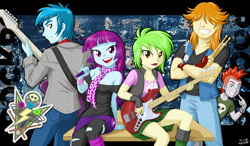 Size: 1200x700 | Tagged: safe, artist:uotapo, cherry crash, crimson napalm, mystery mint, thunderbass, valhallen, equestria girls, rainbow rocks, background human, band, bass guitar, clothes, crossed arms, cute, drumsticks, ear piercing, earring, female, grin, guitar, hair over eyes, jewelry, lipstick, looking at you, looking back, looking back at you, male, microphone, musical instrument, mysterybetes, open mouth, piercing, pointing, smiling, thunderstruck (band)