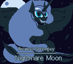 Size: 640x560 | Tagged: safe, artist:dinexistente, nightmare moon, boss subtitles, grin, limited palette, moon, night, pixel art, smiling, solo, text