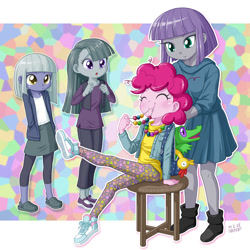Size: 1000x1000 | Tagged: safe, artist:uotapo, boneless, gummy, limestone pie, marble pie, maud pie, pinkie pie, equestria girls, :o, annie, annie (2014 movie), blushing, clothes, cute, diapinkes, equestria girls-ified, eyes closed, female, gummybetes, limabetes, little orphan annie, marblebetes, maudabetes, messy mane, mosaic background, pants, pie sisters, pie twins, rubber chicken, shoes, siblings, sisters, sitting, smiling, sneakers, stool, uotapo is trying to murder us, weapons-grade cute, when she smiles, younger