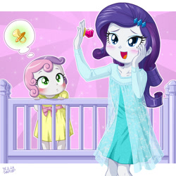Size: 1000x1000 | Tagged: safe, artist:uotapo, rarity, sweetie belle, equestria girls, beautiful, clothes, cosplay, costume, crib, cute, dress, elsa, frozen (movie), pacifier, queen elsarity, ring, ringpop, toddler, uotapo is trying to murder us, younger