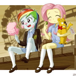 Size: 1000x1000 | Tagged: safe, artist:uotapo, fluttershy, rainbow dash, equestria girls, 1800s, bag, blushing, clothes, cotton candy, crying, cute, dashabetes, dress, eating, eyes closed, female, ferris wheel, food, gingham, gummy bear, gummy bears, haribo, hug, jacket, kneesocks, mary janes, melody (movie), messy, open mouth, plushie, school uniform, schoolgirl, shoes, shyabetes, sitting, smiling, socks, toy, uniform, uotapo is trying to murder us, younger