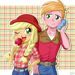 Size: 1000x1000 | Tagged: safe, artist:uotapo, applejack, big macintosh, equestria girls, alternate costumes, candy apple (food), cute, hat, ice pack, macabetes, my girl, toothache, uotapo is trying to murder us, younger