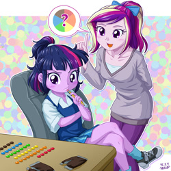 Size: 1000x1000 | Tagged: safe, artist:uotapo, princess cadance, twilight sparkle, equestria girls, blushing, candy, chair, child, chocolate, clothes, confused, crossed legs, cute, equestria girls-ified, female, food, m&m's, ocd, oliver and company, open mouth, pants, pencil, polka dots, ponytail, shoes, sitting, sneakers, socks, teen princess cadance, twiabetes, uotapo is trying to murder us, younger