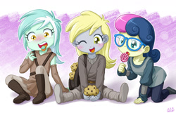Size: 1314x844 | Tagged: safe, artist:uotapo, bon bon, derpy hooves, lyra heartstrings, sweetie drops, equestria girls, :o, adorabon, blushing, boots, candy, cute, derpabetes, female, food, glasses, jedi, lollipop, lyrabetes, mint, muffin, one eye closed, open mouth, padawan, shoes, sitting, smiling, star wars, tongue out, twisted bon bon, uotapo is trying to murder us, uotapo will kill us all, wide eyes, wink, younger