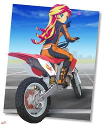 Size: 1000x1225 | Tagged: safe, artist:uotapo, sunset shimmer, equestria girls, bunset shimmer, clothes, cute, dirt bike, female, gloves, heart, jumpsuit, looking at you, motorcycle, motorcycle outfit, one eye closed, racing suit, shimmerbetes, smiling, solo, wink