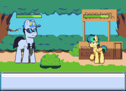 Size: 640x464 | Tagged: safe, artist:dinexistente, oc, oc only, oc:apogee, earth pony, pegasus, pony, animated, apogees boop booth, fbi, female, filly, game, gif, kissing booth, male, pixel art, rpg battle, stallion, tax evasion