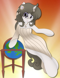 Size: 3381x4384 | Tagged: safe, artist:digiqrow, oc, oc only, oc:solaria, pony, semi-anthro, alternate hairstyle, clothes, dress, female, glasses, globe, jewelry, mare, necklace, solo