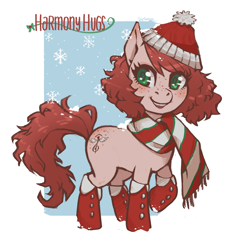 Size: 3026x3272 | Tagged: safe, artist:taytinabelle, ponybooru exclusive, oc, oc only, oc:harmony hugs, earth pony, pony, blushing, boots, christmas, clothes, cute, female, freckles, green eyes, hat, heart eyes, holiday, looking at you, mare, raised hoof, scarf, secret santa, shoes, snow, solo, wingding eyes