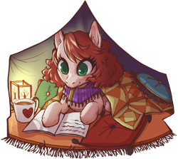 Size: 2764x2463 | Tagged: safe, artist:taytinabelle, ponybooru exclusive, oc, oc only, oc:harmony hugs, earth pony, pony, book, clothes, coffee, comfy, cute, female, freckles, green eyes, mare, mouth hold, mouth writing, pillow, pillow fort, red hair, scarf, secret santa, writing