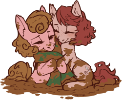 Size: 3009x2467 | Tagged: safe, artist:taytinabelle, ponybooru exclusive, oc, oc only, oc:harmony hugs, oc:mud puddle, earth pony, pony, brown hair, clothes, comfy, cute, cutie mark, female, hug, mare, mud, red hair, scarf, secret santa, smiling, wet and messy