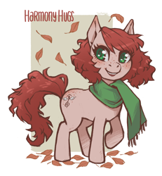 Size: 3026x3272 | Tagged: safe, artist:taytinabelle, ponybooru exclusive, oc, oc only, oc:harmony hugs, earth pony, pony, autumn, autumn leaves, blushing, clothes, cute, female, freckles, green eyes, heart eyes, leaves, looking at you, mare, raised hoof, red hair, scarf, secret santa, simple background, solo, white background, wingding eyes