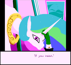 Size: 640x580 | Tagged: safe, artist:dinexistente, princess celestia, oc, oc:anon, alicorn, pony, /mlp/, 4chan, animated, drawthread, gif, head pat, horn, horn grab, pat, patting, text