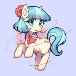 Size: 2483x2483 | Tagged: safe, artist:taytinabelle, coco pommel, earth pony, pony, blue background, cocobetes, cute, female, looking at you, mare, mouth hold, rearing, simple background, smiling, solo, wingding eyes