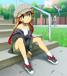 Size: 900x1022 | Tagged: safe, artist:uotapo, pinkie pie, rainbow dash, sunset shimmer, equestria girls, alternate costumes, basketball, beautiful, boots, clothes, colored pupils, converse, cute, female, flat cap, hat, high heel boots, jacket, looking at you, newsboy hat, pinkie being pinkie, pinkie physics, pretty, shimmerbetes, shoes, shorts, sitting, skirt, slam dunk, smiling, socks, solo focus, sweater, tanktop, uotapo is trying to murder us, when she smiles