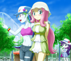 Size: 1171x1000 | Tagged: safe, artist:uotapo, fluttershy, rainbow dash, rarity, equestria girls, armpits, aside glance, badge, baseball cap, belly button, blushing, breasts, chibi, clothes, covering, cute, cutie mark, dashabetes, denim, dress, embarrassed, female, frown, handbag, hat, hootershy, looking at you, midriff, open mouth, pants, pointing, roller coaster, short dress, shyabetes, sideways glance, smiling, sports bra, sun hat, torn clothes, uotapo is trying to murder us