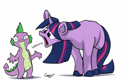 Size: 1280x848 | Tagged: safe, artist:greyscaleart, edit, ponybooru exclusive, spike, twilight sparkle, unicorn twilight, dragon, pony, unicorn, colored hooves, confused, eye twitch, female, frown, head tilt, hoers, horse noises, horses doing horse things, looking at you, male, mare, onomatopoeia, open mouth, shrug, simple background, wat, whinny, white background, wide eyes