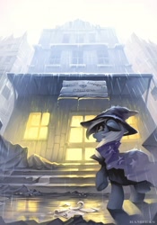 Size: 1600x2286 | Tagged: safe, artist:ramiras, trixie, pony, unicorn, building, cape, clothes, cyrillic, digital art, ear fluff, fanfic, fanfic art, fanfic cover, female, floppy ears, hat, mare, rain, russian, solo, translated in the description, trixie's cape, trixie's hat, wet