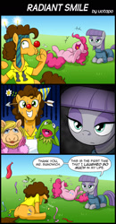 Size: 800x1540 | Tagged: safe, artist:uotapo, cheese sandwich, maud pie, pinkie pie, earth pony, pony, cheesepie, clown nose, comic, crossover, female, internal laughing, kermit the frog, laughing, male, miss piggy, shipping, silly, silly pony, sparklers, straight, sweat, the muppets, underhoof