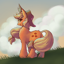 Size: 3000x3000 | Tagged: safe, artist:taytinabelle, ponybooru exclusive, applejack, earth pony, pony, cute, cutie mark, female, fluffy, freckles, grass, grass field, jackabetes, looking at you, mare, solo, unshorn fetlocks, windswept mane