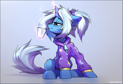 Size: 973x660 | Tagged: safe, artist:ramiras, trixie, pony, unicorn, alternate hairstyle, babysitter trixie, clothes, coffee, cup, digital art, drink, female, hoodie, lidded eyes, magic, mare, ponytails, sitting, smiling, solo, telekinesis