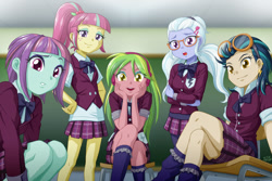 Size: 1200x800 | Tagged: safe, artist:uotapo, indigo zap, lemon zest, sour sweet, sugarcoat, sunny flare, equestria girls, friendship games, bow, bowtie, chair, chalkboard, clothes, crystal prep academy, crystal prep academy uniform, cute, ear piercing, earring, female, freckles, glasses, goggles, happy, jewelry, legs, looking at you, open mouth, piercing, plaid skirt, pleated skirt, school uniform, schoolgirl, shadow five, shocked, sitting, skirt, smiling, socks, unsure, varying degrees of want, vest, wallpaper
