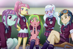 Size: 1200x802 | Tagged: safe, alternate version, artist:uotapo, indigo zap, lemon zest, sour sweet, sugarcoat, sunny flare, equestria girls, friendship games, bedroom eyes, blurry, blushing, chalkboard, clothes, crystal prep academy, crystal prep academy uniform, crystal prep shadowbolts, female, glasses, hairclip, looking at you, pigtails, ponytail, school uniform, schoolgirl, shadow five, varying degrees of want