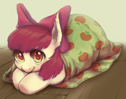 Size: 2112x1665 | Tagged: safe, artist:taytinabelle, ponybooru exclusive, apple bloom, earth pony, pony, adorabloom, apple, apple bloom's bow, blanket, blanket burrito, bow, burrito, colored pupils, cute, daaaaaaaaaaaw, female, filly, food, hair bow, hnnng, looking at you, smiling, solo, weapons-grade cute