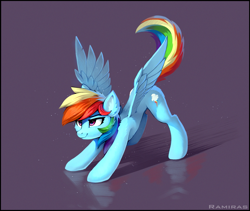 Size: 1587x1338 | Tagged: safe, artist:ramiras, artist:shuxer59, rainbow dash, pegasus, pony, behaving like a cat, cute, dashabetes, ear fluff, female, iwtcird, mare, meme, particles, raised tail, reflection, simple background, solo, spread wings, stretching, tail, wings