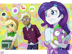 Size: 1000x750 | Tagged: safe, artist:uotapo, applejack, rarity, spike, spike the regular dog, trenderhoof, dog, equestria girls, friendship games, simple ways, apple (company), apple cider, awkward, clothes, crying, crystal prep academy uniform, female, hilarious in hindsight, logo, male, paws, school uniform, shipping, shipping denied, sparity, squeezing, straight, suffocating, trenderjack