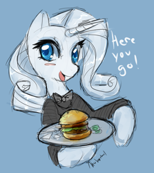 Size: 1024x1149 | Tagged: safe, artist:newvagabond, rarity, pony, unicorn, blushing, burger, food, hamburger, sketch, solo, waitress