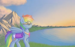 Size: 1920x1200 | Tagged: safe, artist:lurarin, rainbow dash, pegasus, pony, fanfic:austraeoh, element of loyalty, fanfic art, goggles, grass, lake, mountain, nature, outdoors, saddle bag, scenery, sunset