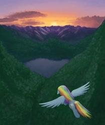 Size: 1600x1912 | Tagged: safe, artist:lurarin, rainbow dash, pegasus, pony, fanfic:austraeoh, fanfic art, female, flying, mare, scenery, solo