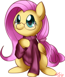 Size: 680x815 | Tagged: safe, artist:solar-slash, fluttershy, pegasus, pony, adorkable, clothes, cute, dork, female, glasses, mare, ponytail, shyabetes, sitting, solo, sweater, sweatershy