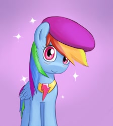 Size: 731x817 | Tagged: safe, artist:lurarin, rainbow dash, pegasus, pony, fanfic:austraeoh, beret, blushing, cute, element of loyalty, fanfic art, looking at you, smiling, solo, sparkles