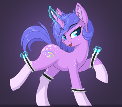 Size: 1250x1100 | Tagged: safe, artist:shydale, oc, oc only, oc:startrail, pony, unicorn, abstract background, butt freckles, dappled, ear fluff, female, freckles, frilly, garter, garters, gradient background, magic, mare, raised leg, socks (coat marking), solo, spots, telekinesis