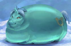 Size: 4995x3266 | Tagged: safe, artist:jargon scott, artist:rhorse, lyra heartstrings, collaboration, digital painting, earless, fat, morbidly obese, not salmon, obese, smug, wat