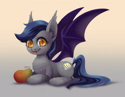 Size: 2911x2250 | Tagged: safe, artist:taytinabelle, oc, oc only, oc:echo, bat pony, pony, :p, bat pony oc, bat wings, chest fluff, cute, cute little fangs, ear fluff, eyelashes, fangs, fluffy, food, golden eyes, gradient background, happy, leg fluff, looking at you, mango, ocbetes, simple background, slit eyes, smiling, solo, spread wings, tongue out, unshorn fetlocks, wide eyes, wings