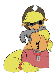 Size: 600x802 | Tagged: safe, artist:koportable, applejack, earth pony, pony, applejack's hat, blonde, blonde mane, blonde tail, cowboy hat, crossover, engiejack, engineer, female, floppy ears, goggles, hat, mare, mouth hold, simple background, smiling, solo, team fortress 2, toolbox, white background, wrench