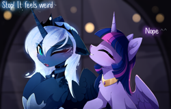 Size: 1280x816 | Tagged: safe, artist:magnaluna, princess luna, twilight sparkle, twilight sparkle (alicorn), alicorn, pony, blushing, cute, cute little fangs, duo, ear bite, ear fluff, fangs, female, lesbian, mare, nom, one eye closed, shipping, twiabetes, twiluna, zefiros codex