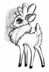 Size: 1772x2575 | Tagged: safe, artist:taytinabelle, ponybooru exclusive, velvet reindeer, deer, reindeer, them's fightin' herds, black and white, butt, community related, cute, doe, female, fluffy, grayscale, looking at you, looking back, looking back at you, monochrome, plot, simple background, sketch, solo, white background