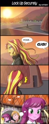 Size: 800x2020 | Tagged: safe, artist:uotapo, big macintosh, cheerilee, sunset shimmer, equestria girls, my past is not today, 4koma, blushing, cheerimac, clothes, comic, female, indoors, male, open mouth, outdoors, shipping, smiling, speech bubble, straight, sun, thought bubble