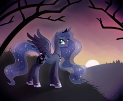Size: 2200x1800 | Tagged: safe, artist:author-chan, princess luna, alicorn, pony, female, looking at you, looking back, mare, solo, sunset