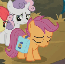 Size: 389x388 | Tagged: safe, screencap, apple bloom, scootaloo, sweetie belle, pegasus, pony, the last crusade, adorable distress, animated, cropped, cute, cutealoo, cutie mark crusaders, female, mare, sad, saddle bag, sadorable, tippy taps, trotting, trotting in place