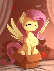 Size: 1400x1845 | Tagged: safe, artist:yakovlev-vad, fluttershy, pegasus, pony, :3, :t, bed, behaving like a cat, box, cheek fluff, chest fluff, colored sketch, cute, daaaaaaaaaaaw, descriptive noise, ear fluff, eyes closed, female, floating heart, fluffy, happy, heart, hnnng, if i fits i sits, mare, onomatopoeia, plushie, pony in a box, shoulder fluff, shyabetes, sitting, smiling, solo, spread wings, squeak, squee, sweet dreams fuel, teddy bear, weapons-grade cute