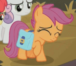 Size: 369x322 | Tagged: safe, screencap, apple bloom, scootaloo, sweetie belle, earth pony, pegasus, pony, cute, cutealoo, cutie mark crusaders, female, filly