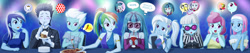 Size: 3808x800 | Tagged: safe, artist:uotapo, cup cake, fleetfoot, lotus blossom, minuette, photo finish, rainbow dash, soarin', sonata dusk, trixie, violet blurr, equestria girls, rainbow rocks, :o, alternate hairstyle, blue, blushing, bracelet, cavity, clothes, color set, cute, cute cake, dashabetes, diafleetes, dialogue, diatrixes, dress, drinking, equestria girls-ified, evening gloves, eyes closed, female, food, frown, glasses, gloves, hot sauce, jewelry, loose hair, lotusbetes, male, minubetes, necklace, nervous, open mouth, pearl necklace, photaww finish, pie, pizza, plate, ponytail, prank, rainbow dash always dresses in style, raised eyebrow, smurfs, soarinbetes, sonatabetes, suit, sunglasses, sweat, tabasco, that pony sure does love pies, tooth, uotapo is trying to murder us