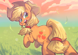 Size: 1122x800 | Tagged: dead source, safe, artist:jirousan, applejack, earth pony, pony, blonde, blonde mane, blonde tail, female, freckles, grass, green eyes, hat, looking at you, looking back, looking back at you, mare, open mouth, outdoors, pixiv, rear view, running, solo